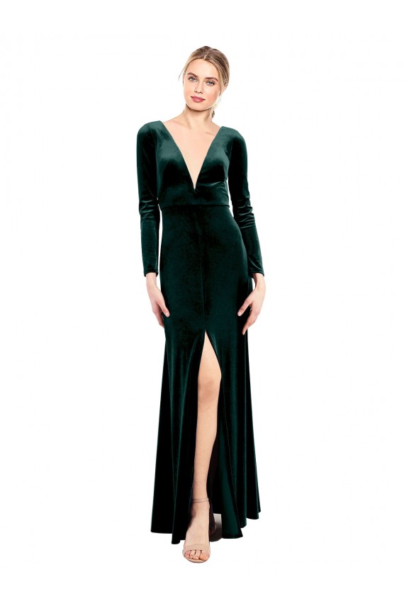 Plunging V-Neckline Long Sleeves Open Back Velvet Prom Dress Clearance