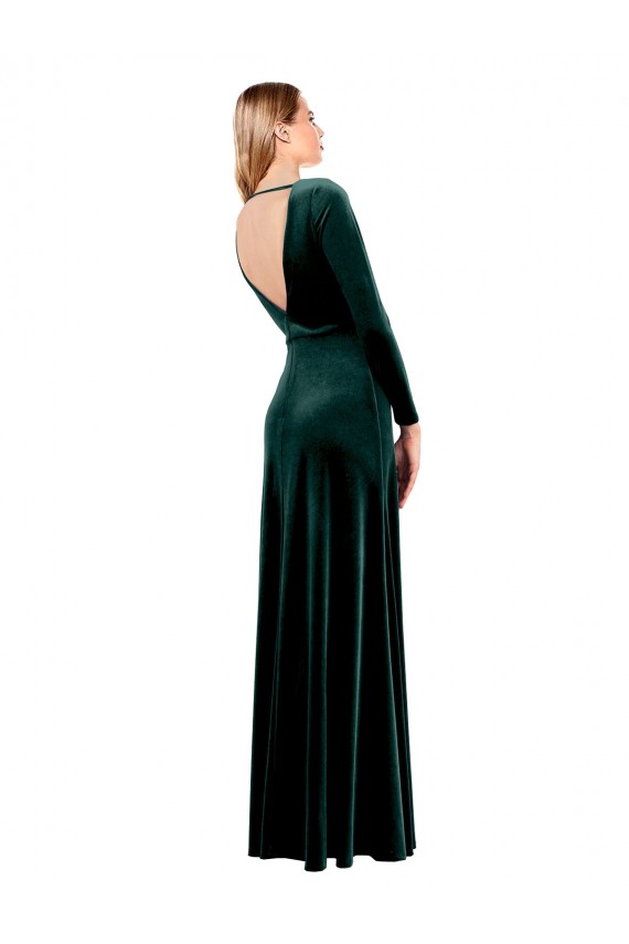 Plunging V-Neckline Long Sleeves Open Back Velvet Prom Dress Clearance