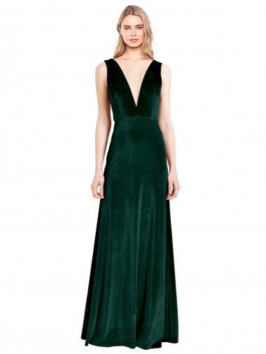 Daring Deep V-Neck Long Full Length Velvet Prom Dress Clearance