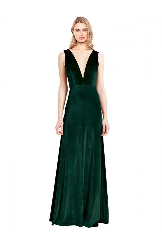 Daring Deep V-Neck Long Full Length Velvet Prom Dress Clearance