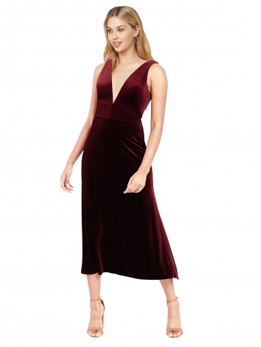 Daring Plunging V-Neckline Short Midi Length Velvet Cocktail Prom Dress / Homecoming Dress Clearance