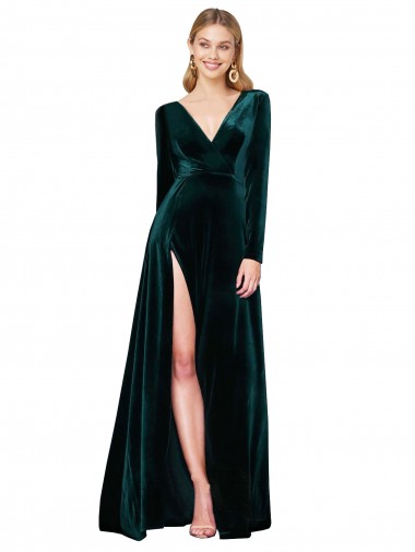 Deep V-Neck Long Sleeves Velvet Prom Dress with High Side Split Clearance