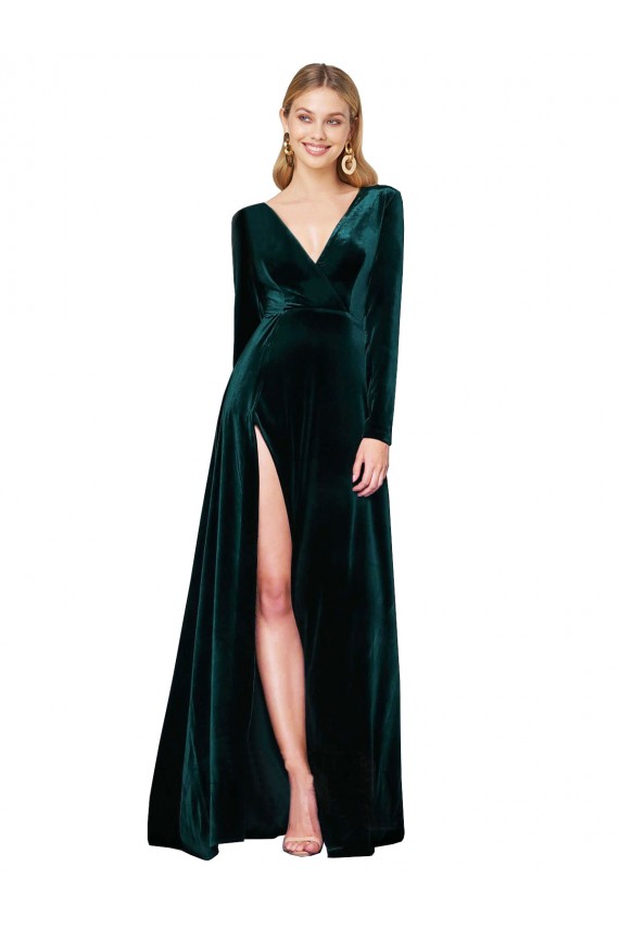 Deep V-Neck Long Sleeves Velvet Prom Dress with High Side Split Clearance
