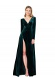 Deep V-Neck Long Sleeves Velvet Prom Dress with High Side Split Clearance