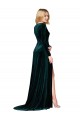 Deep V-Neck Long Sleeves Velvet Prom Dress with High Side Split Clearance
