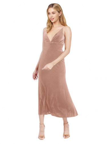 Midi Length Short V-Neck Velvet Cocktail Prom Dress / Homecoming Dress with Notched Neckline Clearance