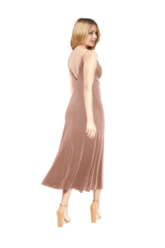 Midi Length Short V-Neck Velvet Cocktail Prom Dress / Homecoming Dress with Notched Neckline Clearance