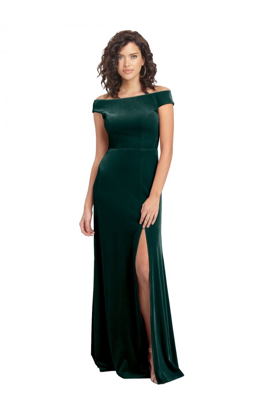 Floor Length Cap Sleeves Long Velvet Prom Dress with High Side Slit Clearance