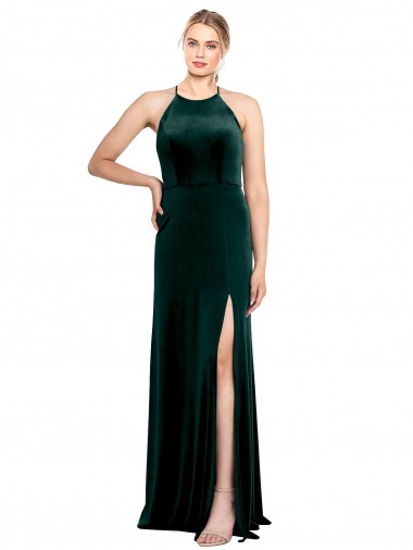Long Jewel Neck Full Length Velvet Prom Dress with Side Slit Clearance
