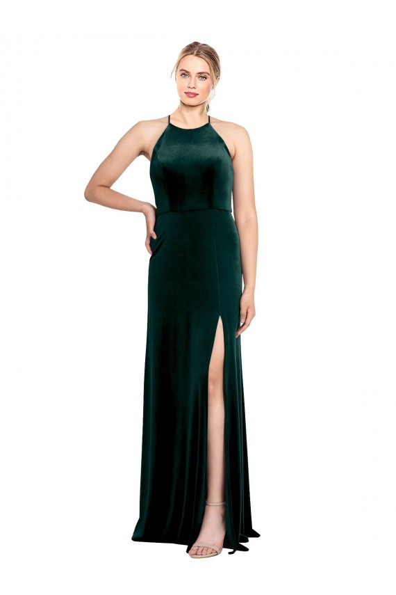 Long Jewel Neck Full Length Velvet Prom Dress with Side Slit Clearance