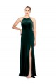 Long Jewel Neck Full Length Velvet Prom Dress with Side Slit Clearance