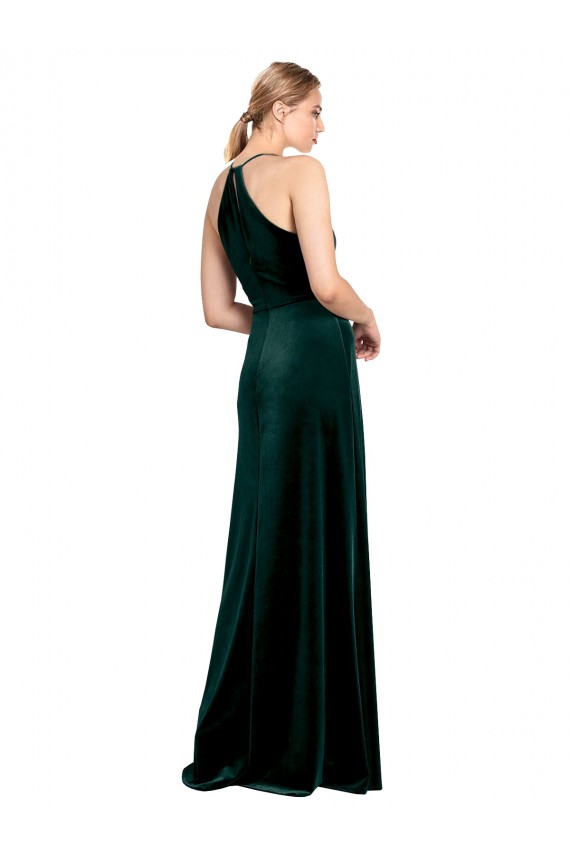 Long Jewel Neck Full Length Velvet Prom Dress with Side Slit Clearance