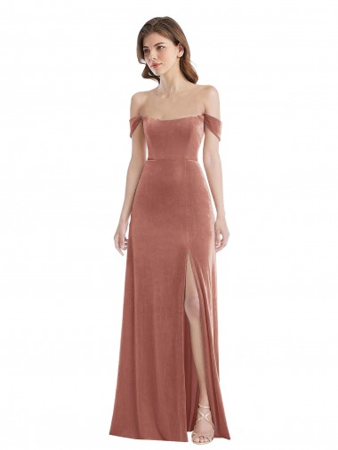 Off the Shoulder Flounce Sleeve Velvet Maxi Prom Dress & Pockets Clearance