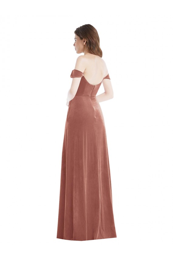 Off the Shoulder Flounce Sleeve Velvet Maxi Prom Dress & Pockets Clearance