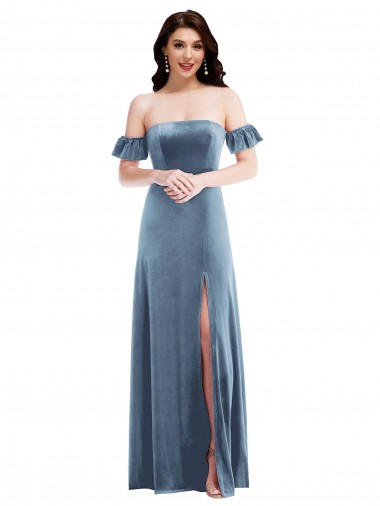 Ruffle Sleeve Off the Shoulder Velvet Maxi Prom Dress Clearance
