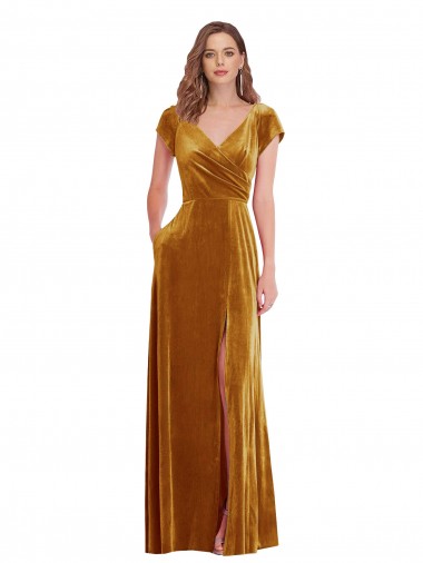 Cap Sleeve Faux Wrap Velvet Maxi Prom Dress with Pockets Clearance