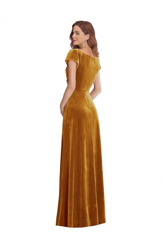 Cap Sleeve Faux Wrap Velvet Maxi Prom Dress with Pockets Clearance