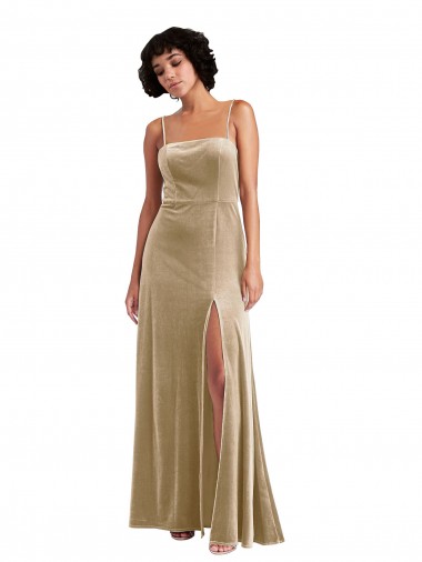 Square Neck Velvet Maxi Prom Dress with Front Slit & Pockets Clearance
