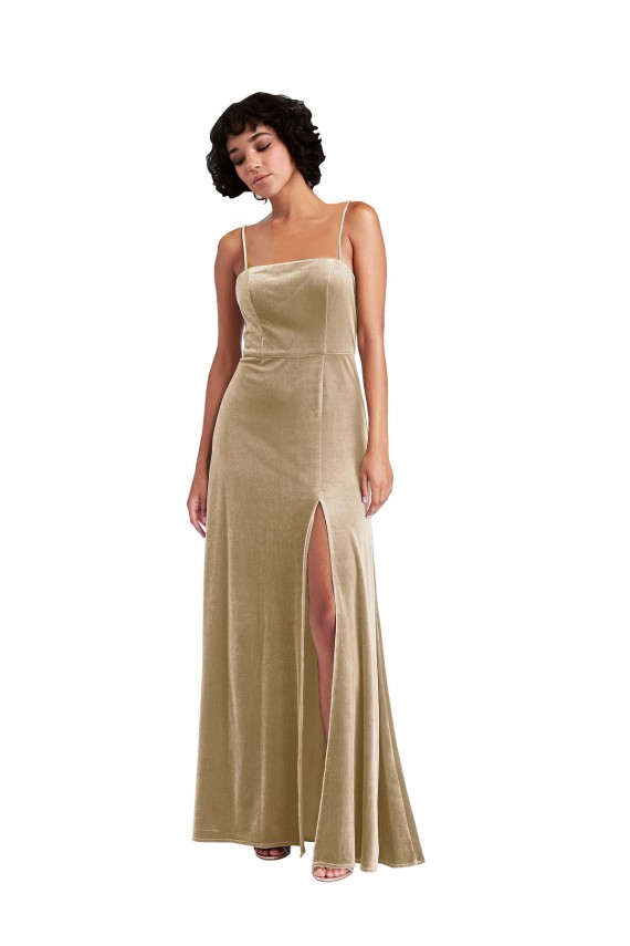 Square Neck Velvet Maxi Prom Dress with Front Slit & Pockets Clearance