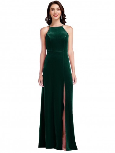 Velvet Halter Maxi Prom Dress with Front Slit & Pockets Clearance