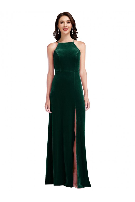 Velvet Halter Maxi Prom Dress with Front Slit & Pockets Clearance