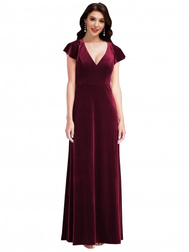 Flutter Sleeve Velvet Maxi Prom Dress with Pockets Clearance