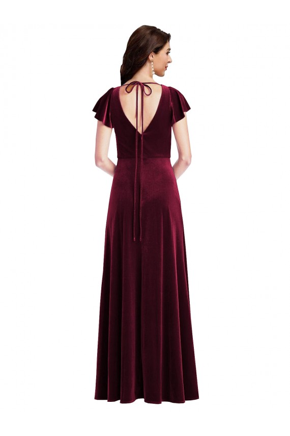 Flutter Sleeve Velvet Maxi Prom Dress with Pockets Clearance