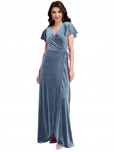 Flutter Sleeve Velvet Wrap Maxi Prom Dress with Pockets Clearance