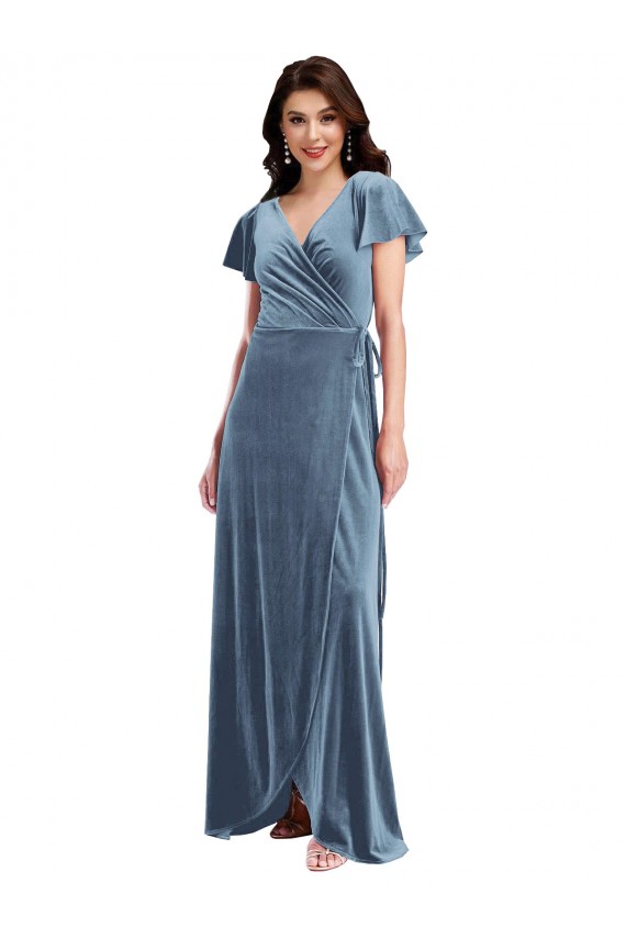 Flutter Sleeve Velvet Wrap Maxi Prom Dress with Pockets Clearance