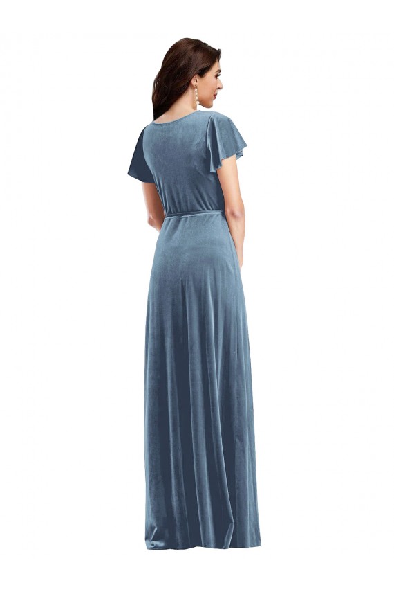 Flutter Sleeve Velvet Wrap Maxi Prom Dress with Pockets Clearance