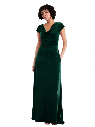 Cowl Neck Cap Sleeve Velvet Maxi Prom Dress with Pockets Clearance