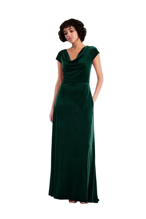 Cowl Neck Cap Sleeve Velvet Maxi Prom Dress with Pockets Clearance