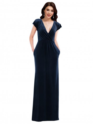 Flutter Sleeve Wrap Bodice Velvet Maxi Prom Dress with Pockets Clearance