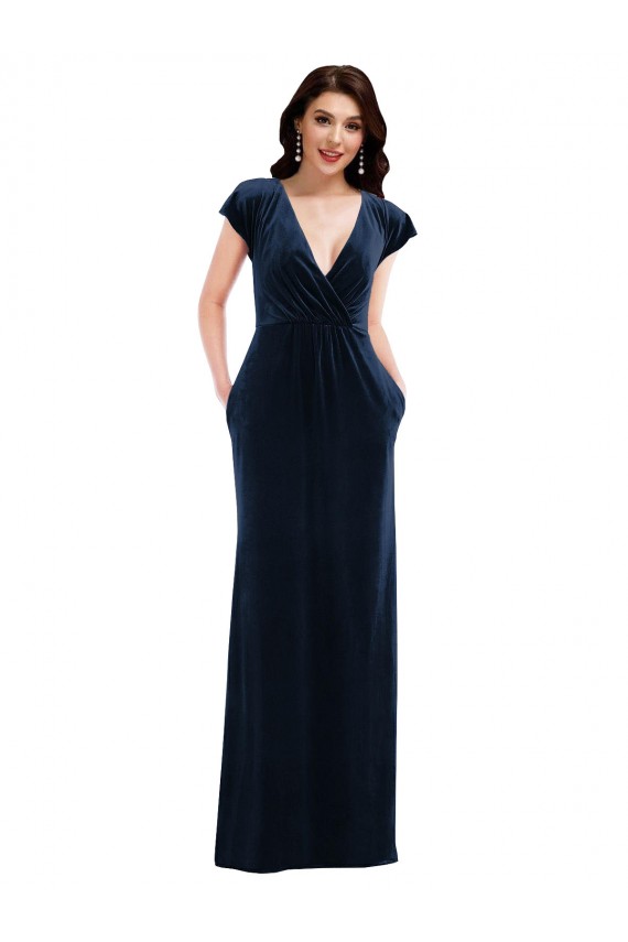 Flutter Sleeve Wrap Bodice Velvet Maxi Prom Dress with Pockets Clearance