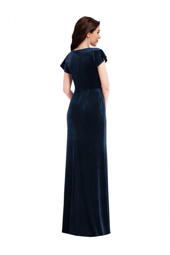 Flutter Sleeve Wrap Bodice Velvet Maxi Prom Dress with Pockets Clearance
