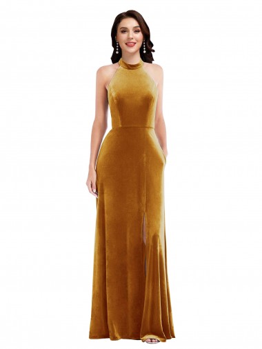 High-Neck Halter Velvet Maxi Prom Dress with Front Slit Clearance