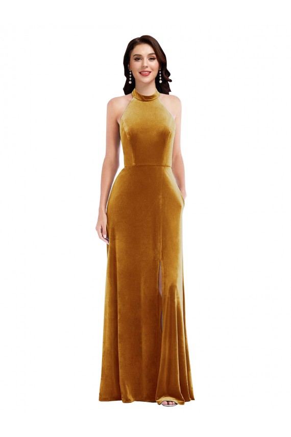 High-Neck Halter Velvet Maxi Prom Dress with Front Slit Clearance