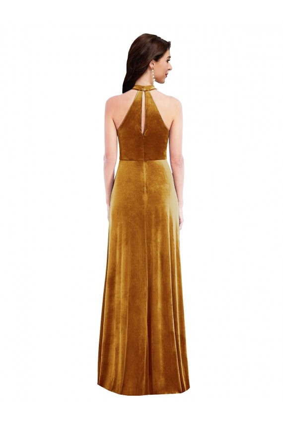 High-Neck Halter Velvet Maxi Prom Dress with Front Slit Clearance