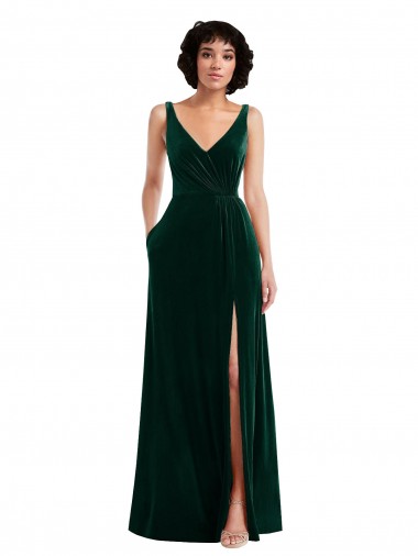 Floor Length Velvet Maxi Prom Dress with Shirred Bodice and Front Slit Clearance