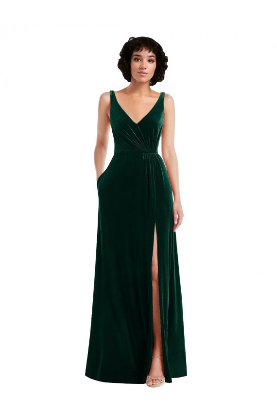 Floor Length Velvet Maxi Prom Dress with Shirred Bodice and Front Slit Clearance