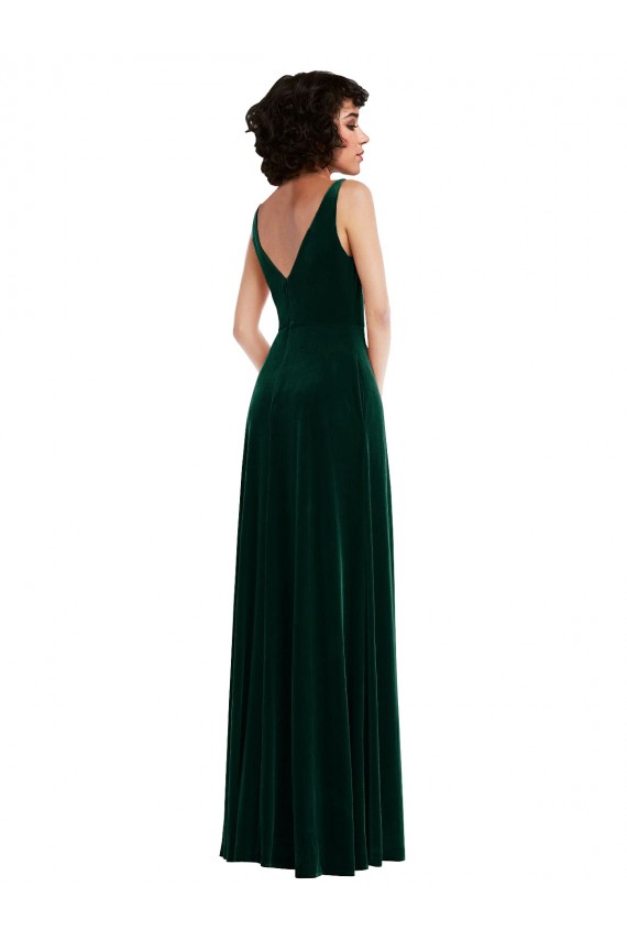 Floor Length Velvet Maxi Prom Dress with Shirred Bodice and Front Slit Clearance
