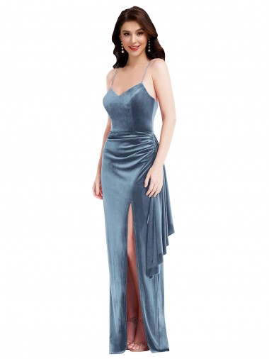 Spaghetti Strap Velvet Maxi Prom Dress with Draped Skirt Clearance