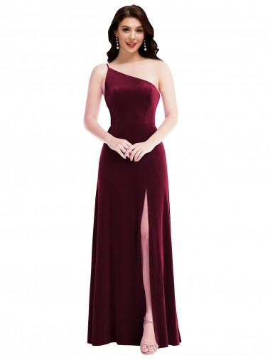 One Shoulder Spaghetti Strap Velvet Maxi Prom Dress with Pockets Clearance