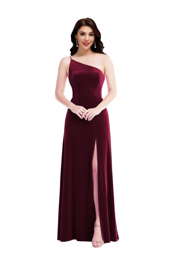 One Shoulder Spaghetti Strap Velvet Maxi Prom Dress with Pockets Clearance