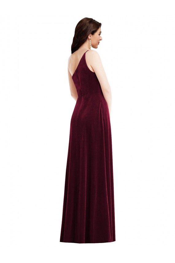 One Shoulder Spaghetti Strap Velvet Maxi Prom Dress with Pockets Clearance