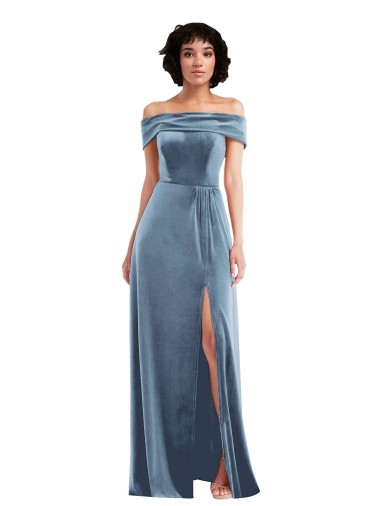 Draped Cuff Off the Shoulder Velvet Maxi Prom Dress with Pockets Clearance