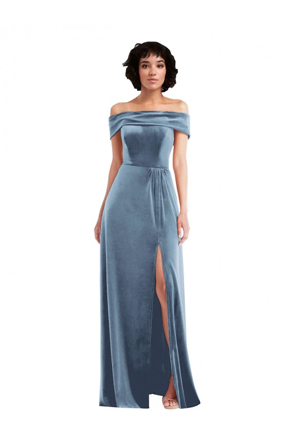 Draped Cuff Off the Shoulder Velvet Maxi Prom Dress with Pockets Clearance