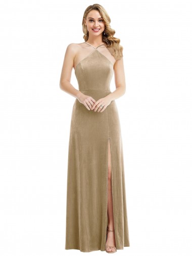 High Neck Halter Open Back Long Velvet Maxi Prom Dress with Pockets Clearance