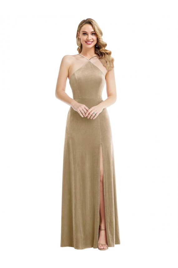 High Neck Halter Open Back Long Velvet Maxi Prom Dress with Pockets Clearance
