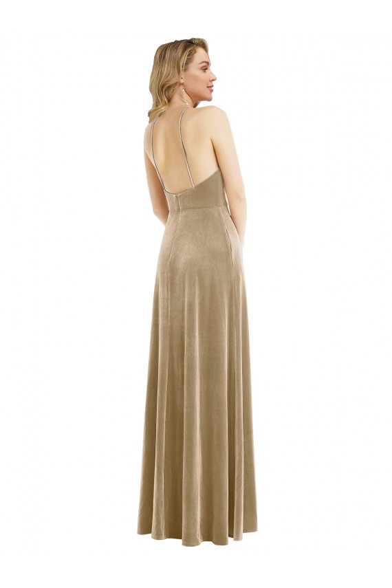 High Neck Halter Open Back Long Velvet Maxi Prom Dress with Pockets Clearance